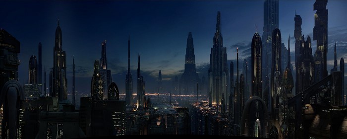 Futuristic cityscape at night with tall buildings