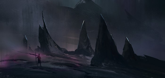 Fantasy art landscape with sharp rocks and a lone figure