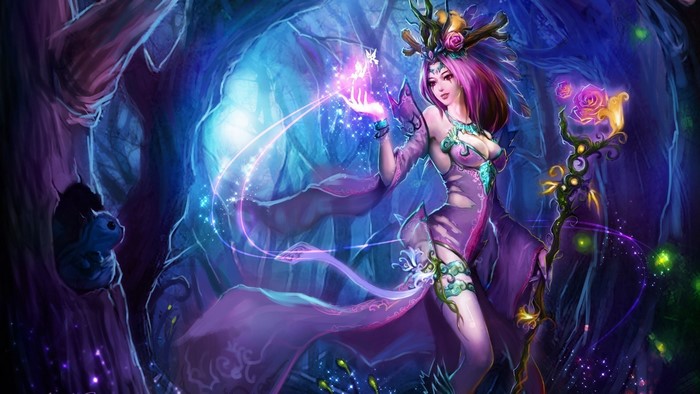 Leblanc from League of Legends in a fantasy forest