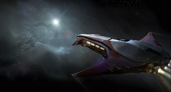 Star Citizen spaceship approaches space station