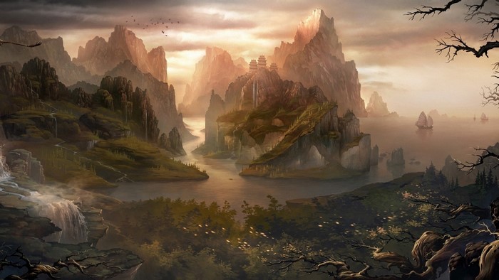 Fantasy landscape with mountains, waterfalls, and Chinese architecture