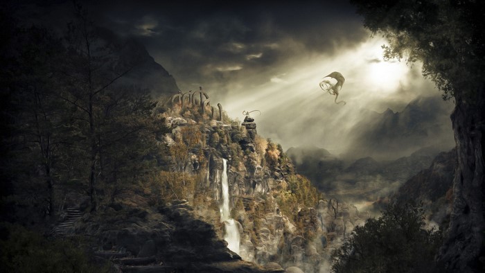 Dragon flying over a waterfall in Skyrim
