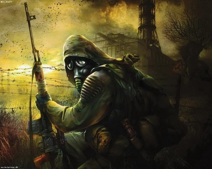 S.T.A.L.K.E.R. character with gas mask and rifle