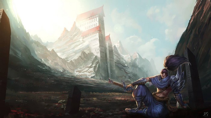 Yasuo from League of Legends in a mountain landscape
