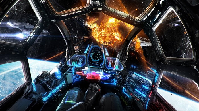 Cockpit view of spaceship battle with explosion