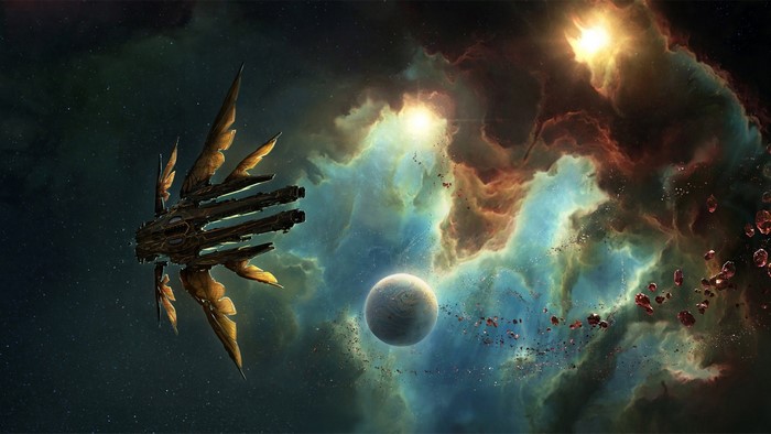 Spaceship near a planet and nebula
