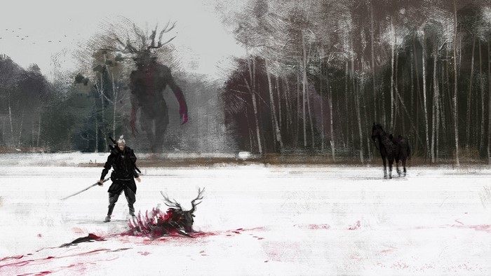 Geralt of Rivia from The Witcher 3: Wild Hunt in a snowy forest
