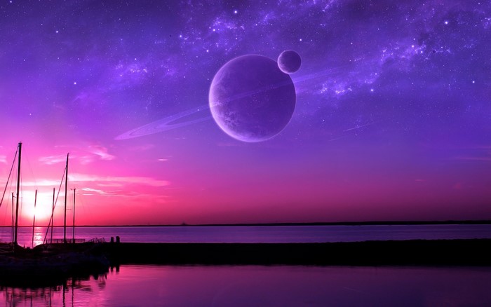 Purple planets and rings over a sunset harbor