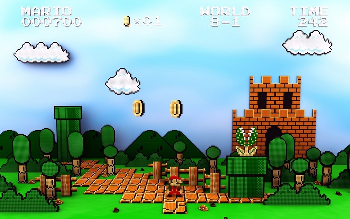 Mario from Super Mario Bros. in a pixel art world