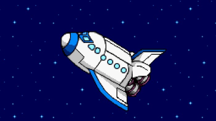 Pixel art spaceship in starry space