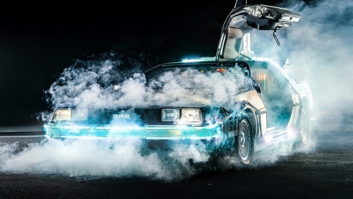 Back to the Future DeLorean time machine in smoke