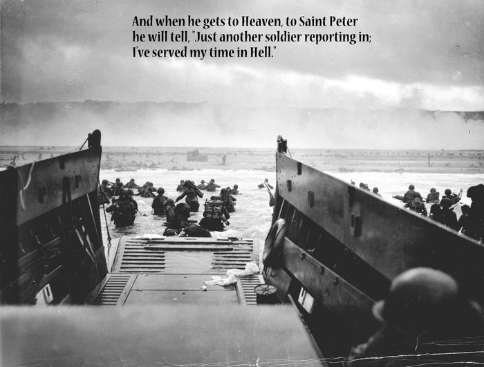 Soldiers landing on a beach during World War II