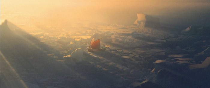 Sailboat in a frozen landscape with sun rays