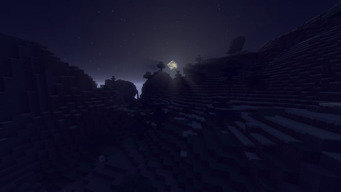 Minecraft landscape at night with moon and stars