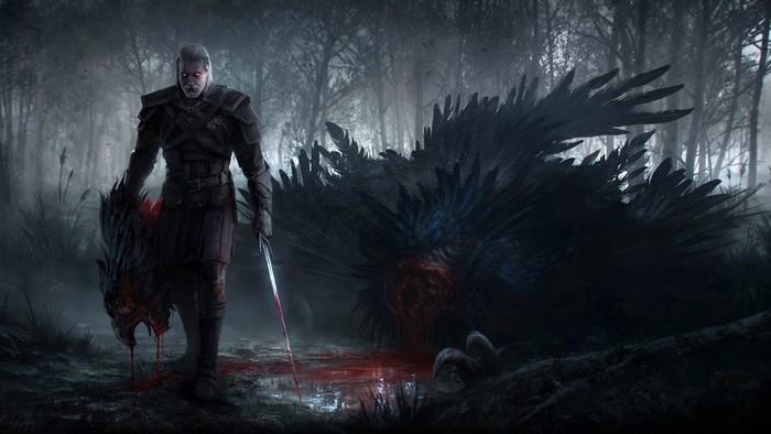 Geralt of Rivia from The Witcher 3 holding a monster head