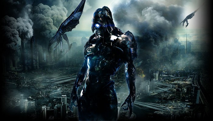 Legion from Mass Effect 3 in a destroyed city