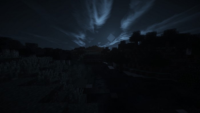 Minecraft landscape at night with dramatic sky