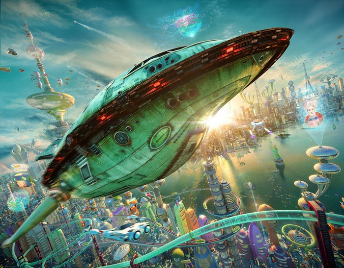 Futuristic city with a large spaceship and flying vehicles