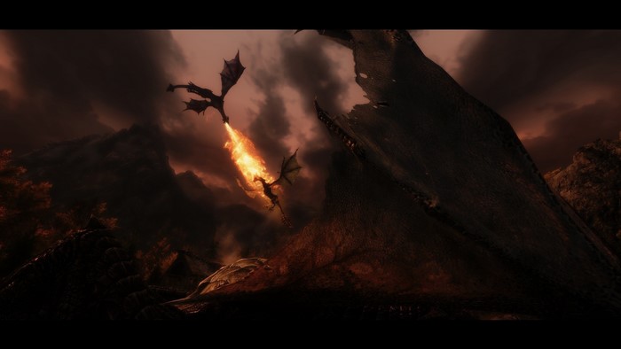 Dragons fighting with fire in The Elder Scrolls V: Skyrim