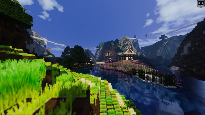 Minecraft landscape with a river and mountains