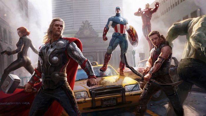 The Avengers in a city street