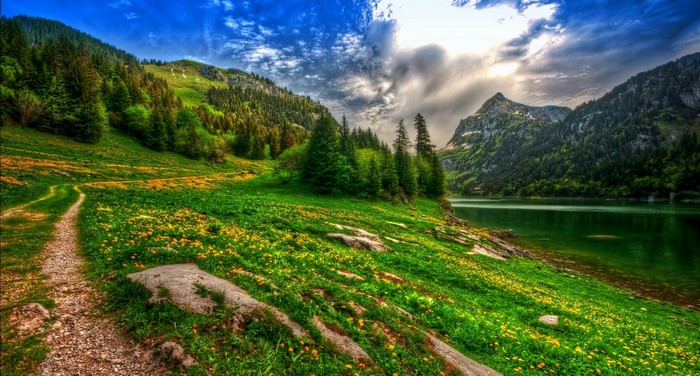 Spring Landscape with Lake and Mountains in Switzerland