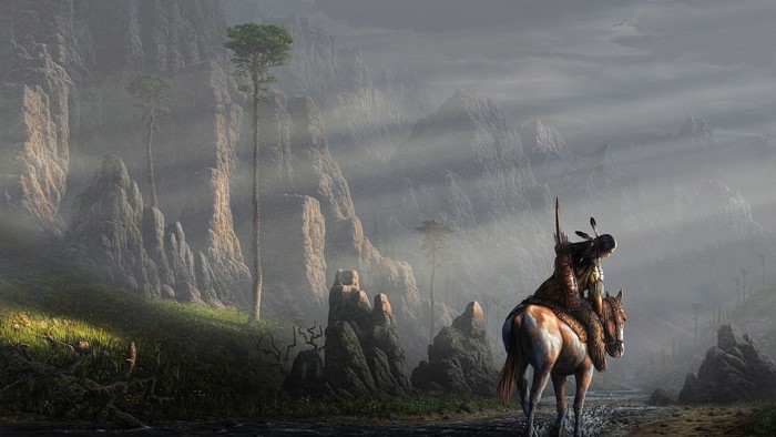Native American Warrior on Horse in Misty Mountains