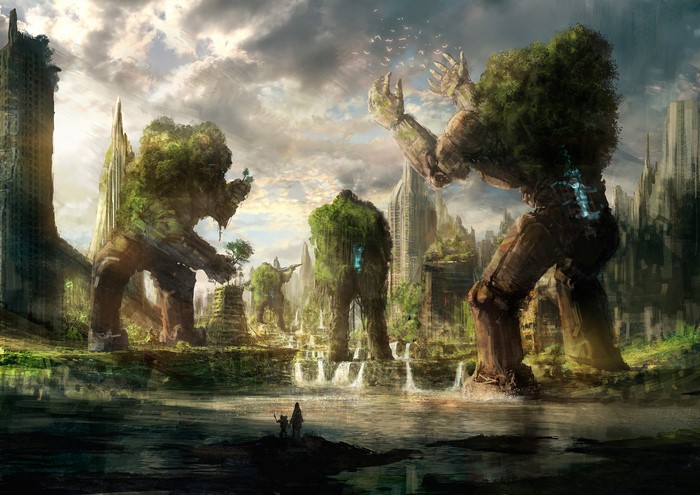 Fantasy art of giant golems overgrown with plants in a ruined city