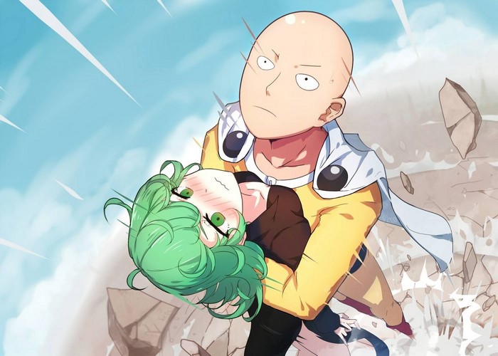 Saitama holding Tatsumaki from One Punch Man