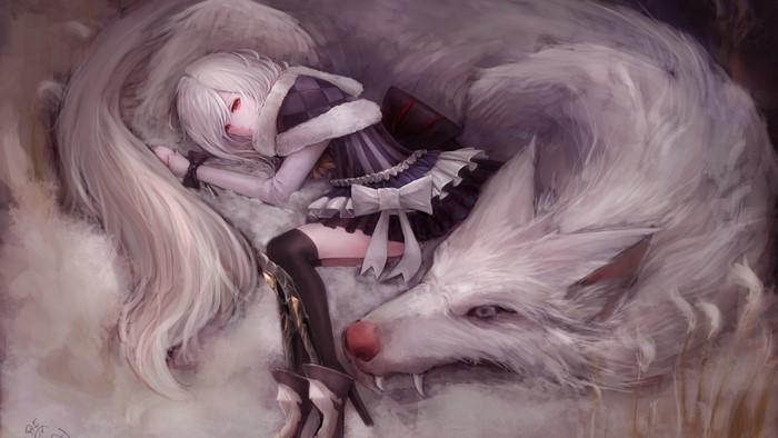 Anime Girl with White Wolf in Fantasy Setting