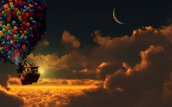 Up Movie - House Flying with Balloons at Sunset