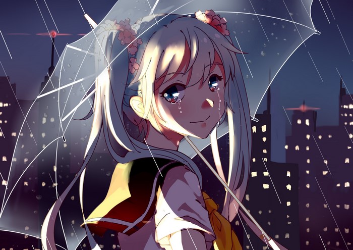 Anime girl with twintails crying under an umbrella in the rain