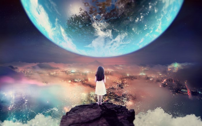 Girl on cliff overlooking city under a giant Earth