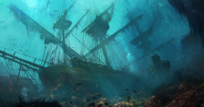 Underwater shipwreck with sharks and fish