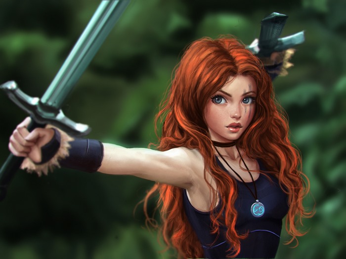 Fantasy art of a Celtic warrior redhead with a sword