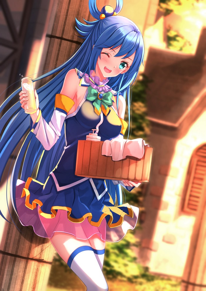 Aqua from KonoSuba holding a drink