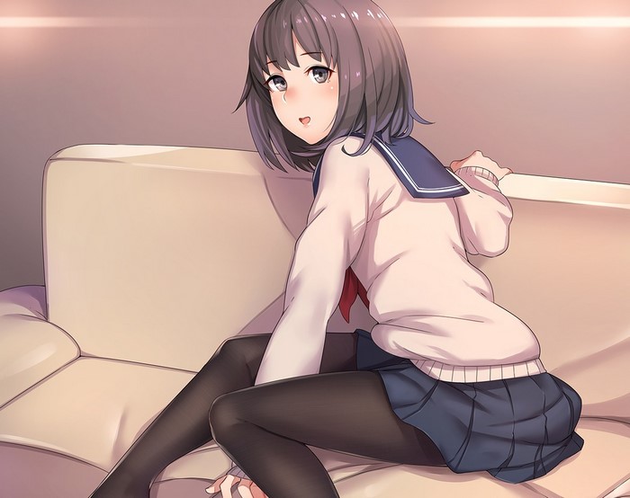 Anime girl in school uniform sitting on a couch