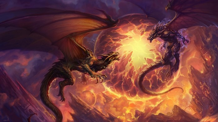 Two dragons battling with fire and magic