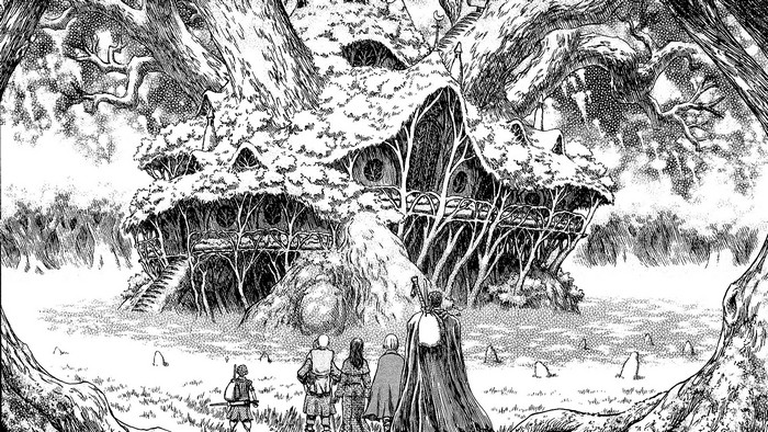 Group approaches a treehouse in a forest