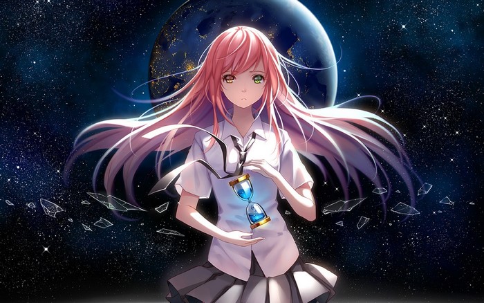 Anime girl with pink hair holding an hourglass in space