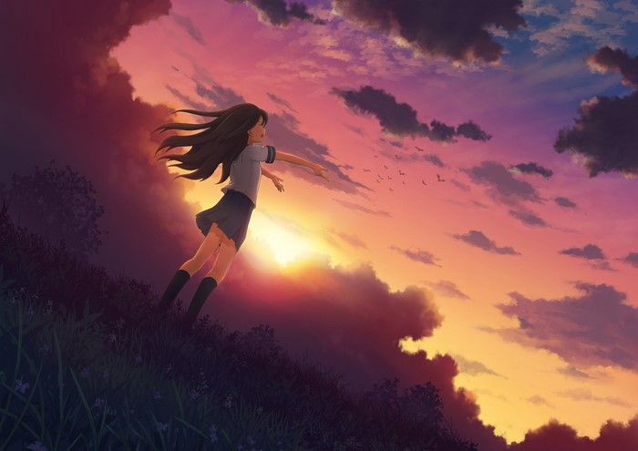 Anime girl in school uniform at sunset