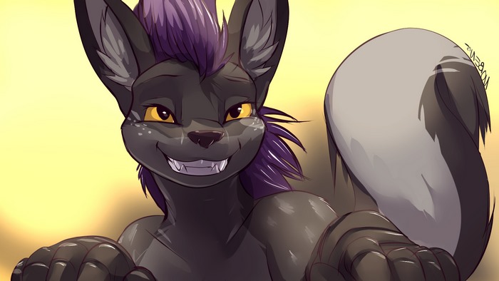 Anthropomorphic fox with purple mohawk