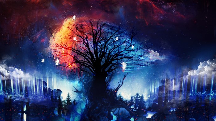 Fantasy tree with fairies against a cosmic background
