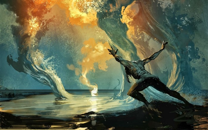 Man conjuring fire and water elements