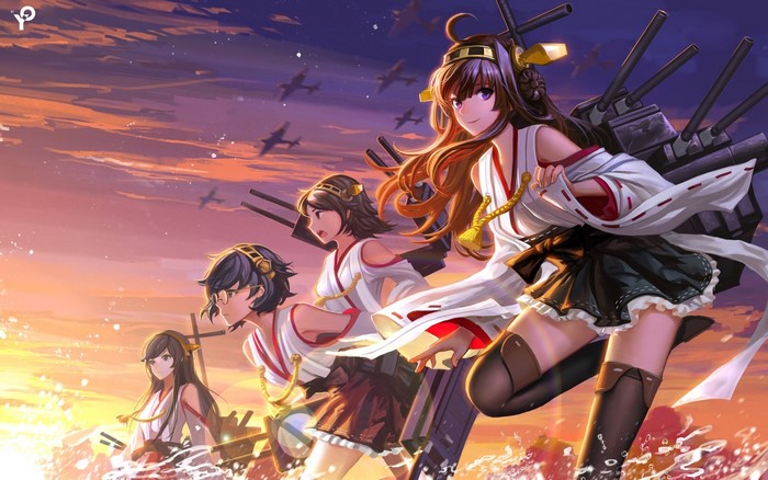Kantai Collection characters during sunset with planes