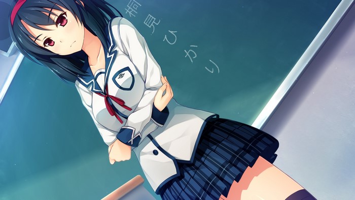 Anime girl in school uniform by a blackboard