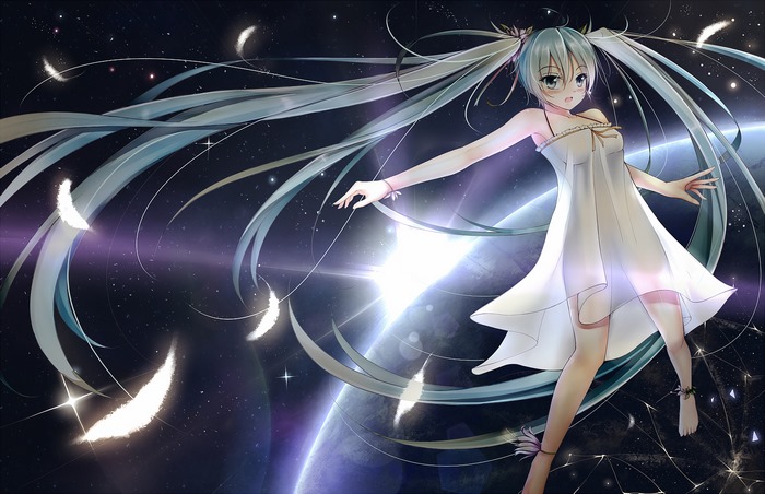 Hatsune Miku in a white dress in space with feathers