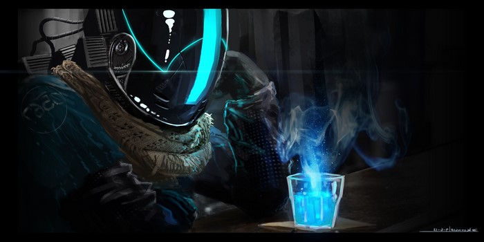 Cyborg bounty hunter with a glowing blue drink