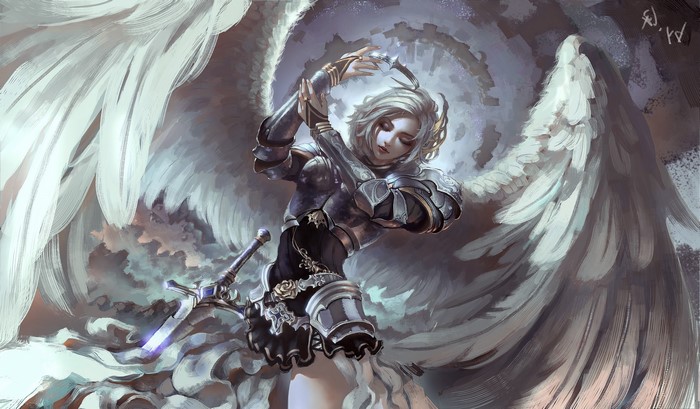 Fantasy angel warrior with sword and wings