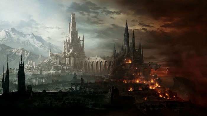 Fantasy castle on fire with mountains and stormy sky